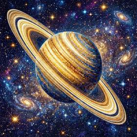 Saturnus met gouden ringen in het heelal