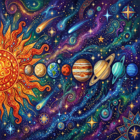 Psychedelic Solar System with Sun and Planets