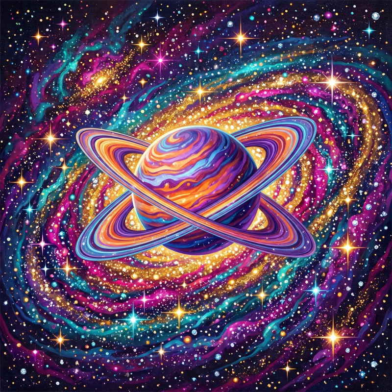 Geringde planeet in kleurrijk spiraalstelsel