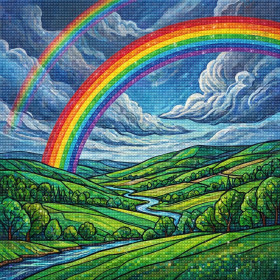 Dubbele regenboog boven groene heuvels