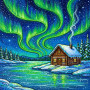 Green Aurora over Snowy Log Cabin