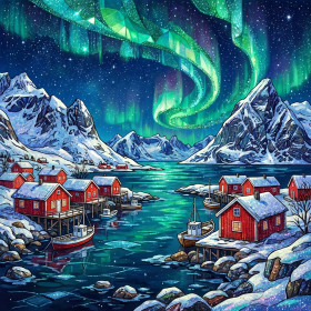 Norwegian Fishing Village Under Green Aurora