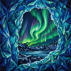 Aurora verde vista dalla grotta di ghiaccio