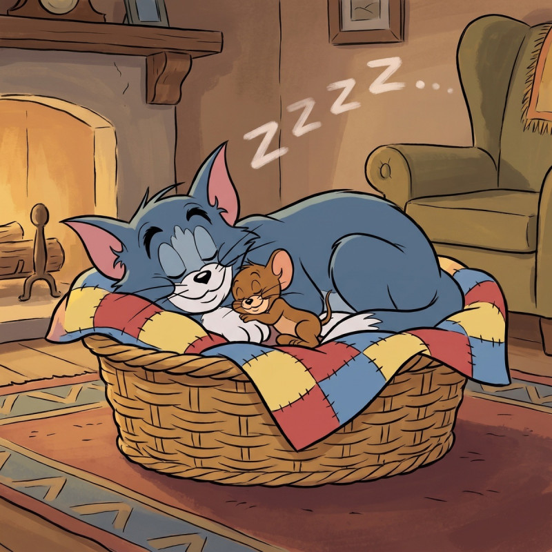 Tom en Jerry slapend in de mand