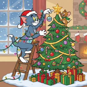 Tom en Jerry versieren de kerstboom