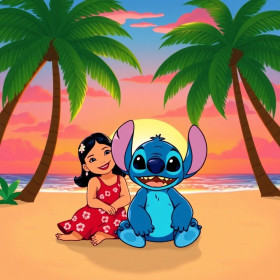 Stitch et Lilo au coucher de soleil