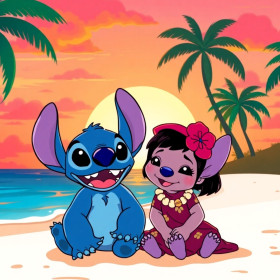 Stitch en Lilo voor gele zonneschijf