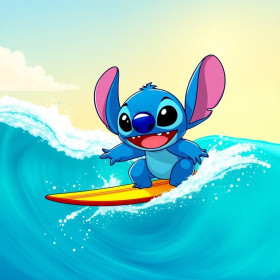 Stitch surfista sull'onda turchese