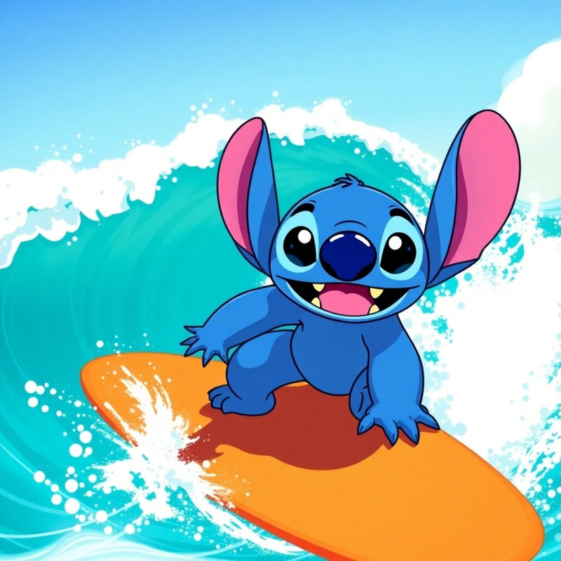 Stitch surfant sur une vague turquoise