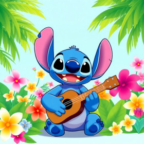 Stitch Playing Ukulele Among Tropical Flowers