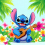 Stitch Playing Ukulele Among Tropical Flowers