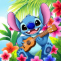 Stitch mit hellem Holz-Ukulele unter Palmwedeln