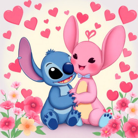 Stitch et Angel amoureux parmi les fleurs