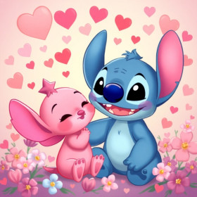 Stitch and Angel Seated Under Falling Hearts