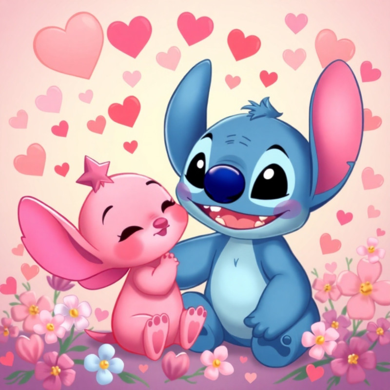 Stitch et Angel, cœurs et fleurs
