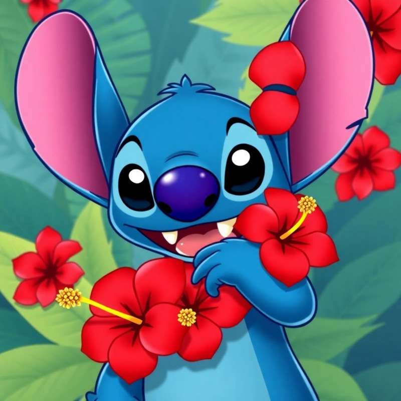 Stitch with Red Hibiscus Flowers