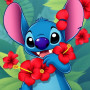 Stitch met rode hibiscusbloemen