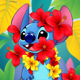 Stitch with Red Hibiscus Flower Lei