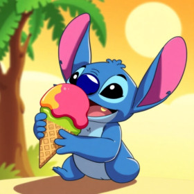 Stitch con cono gelato sotto la palma