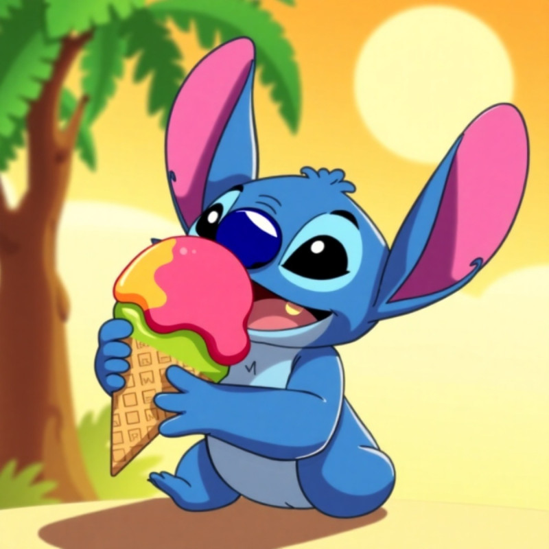 Stitch genießt riesiges Eis im Sonnenschein