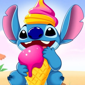 Stitch geniet van een enorme roze ijshoorn
