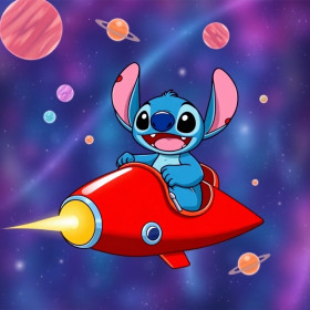 Stitch in rood ruimteschip tussen planeten