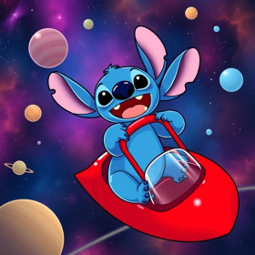 Stitch Grinning Among Colorful Planets