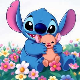 Stitch Hugging Scrump in a Flower Field