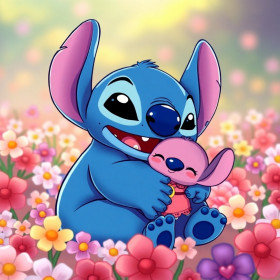 Stitch knuffelt zijn poppetje tussen bloemen