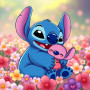 Stitch knuffelt zijn poppetje tussen bloemen