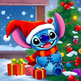 Stitch con cappello rosso e regali