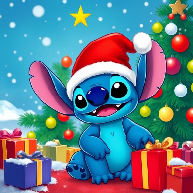 Stitch in Santa Hat Decorating Christmas Tree