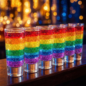 Sechs Regenbogen-Gläser auf dunklem Tresen