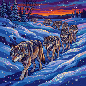 Wolfsrudel im tiefen Abendschnee
