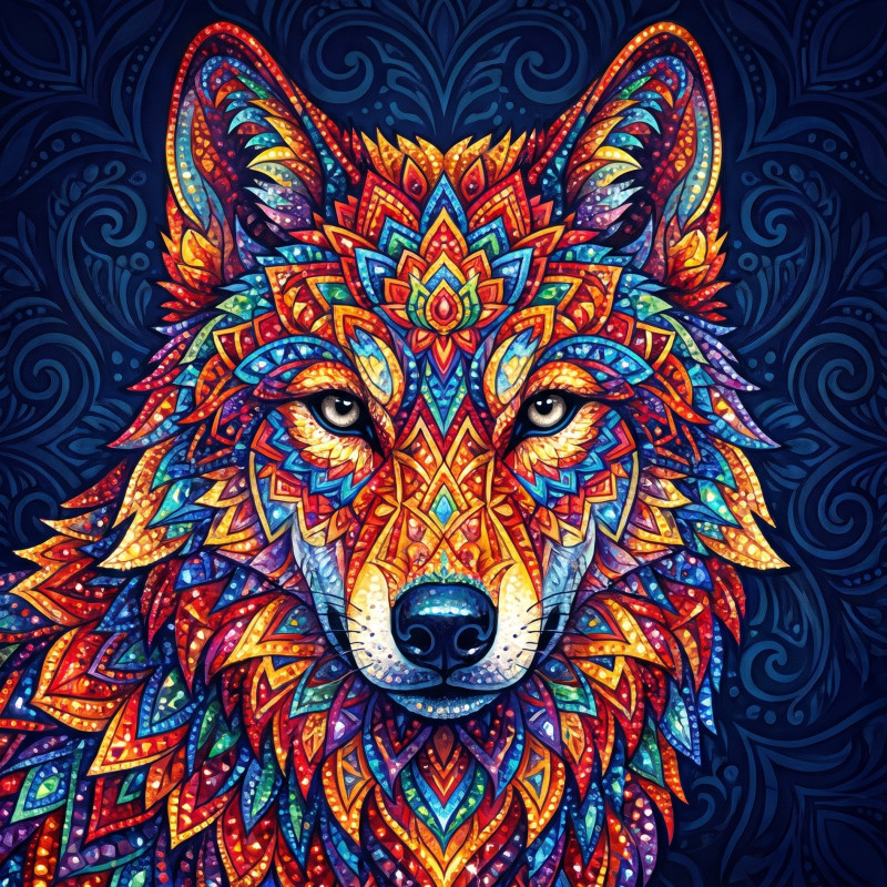 Wolf met kleurrijke mandalapatronen op donkerblauw