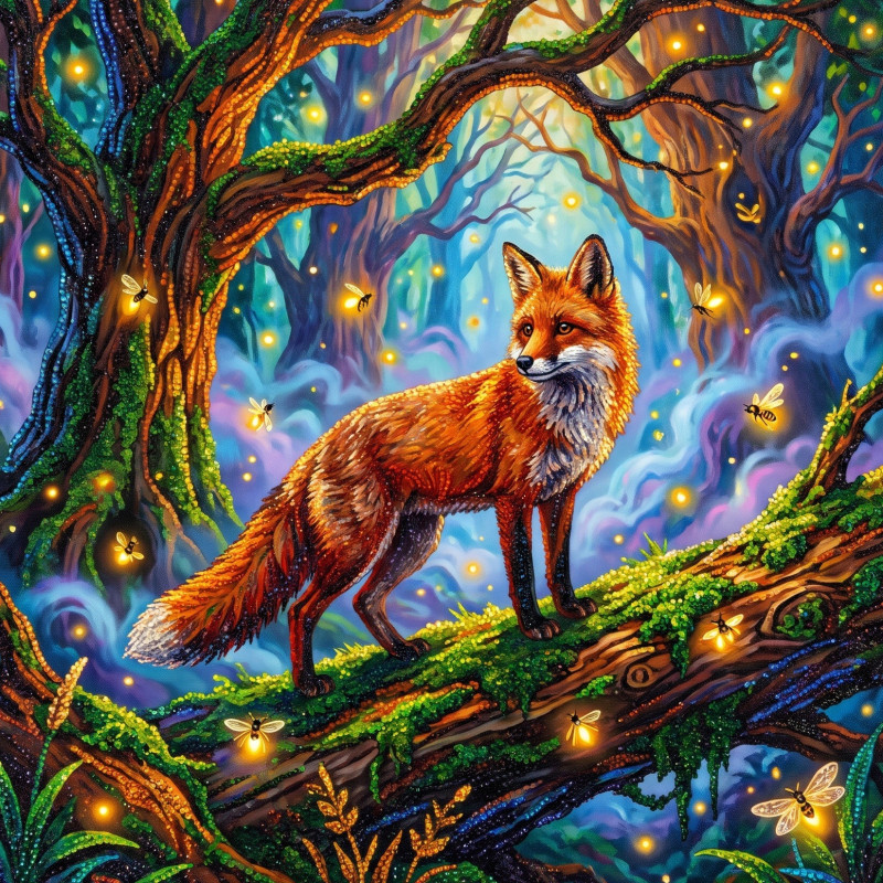 Fuchs auf moosigem Stamm im Nebelwald