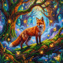 Renard sur branche moussée et lucioles