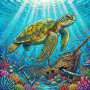 Tortue près d'une épave turquoise