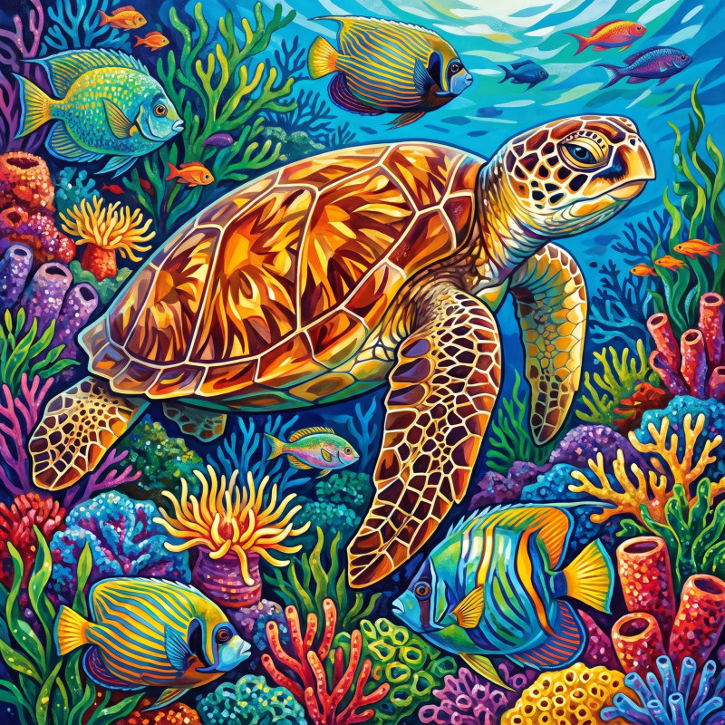 Hawksbill Turtle Over Colorful Reef