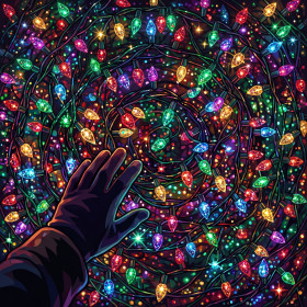 Christmas Lights Wall Hand in Darkness
