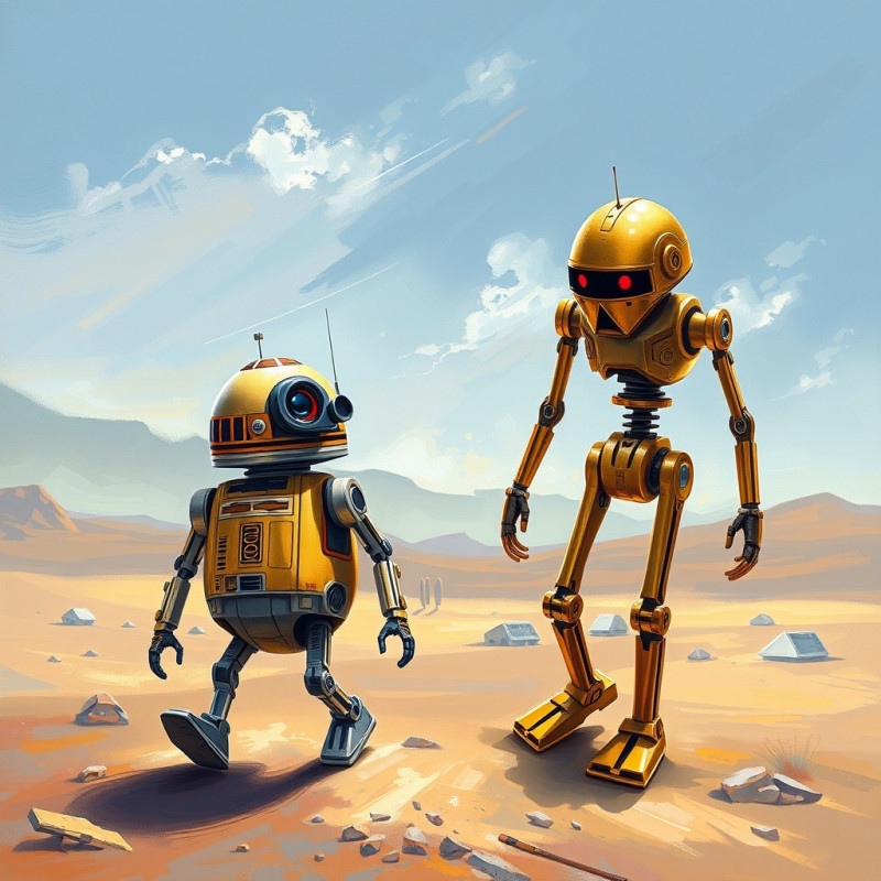 Rond robotje en gouden androïde in woestijn