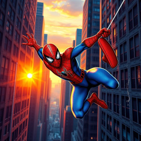 Spider-Man schwingt durch abendliche Häuserschluchten