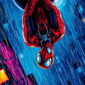 Spider-Man ondersteboven in de regen