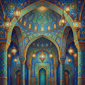 Prunkvoller Moschee-Innenraum mit goldenen Laternen