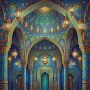 Prunkvoller Moschee-Innenraum mit goldenen Laternen