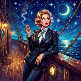 Blonde kok op nachtelijk scheepsdek