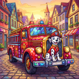Cucciolo pompiere sul camion rosso