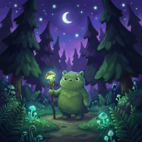 Green Forest Creature Under Crescent Moon