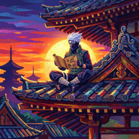 Ninja masqué lisant au crépuscule