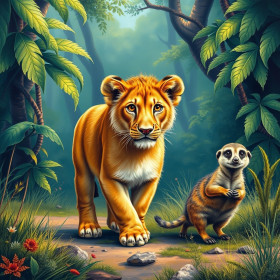 Leeuwenwelp en mangouste in de jungle
